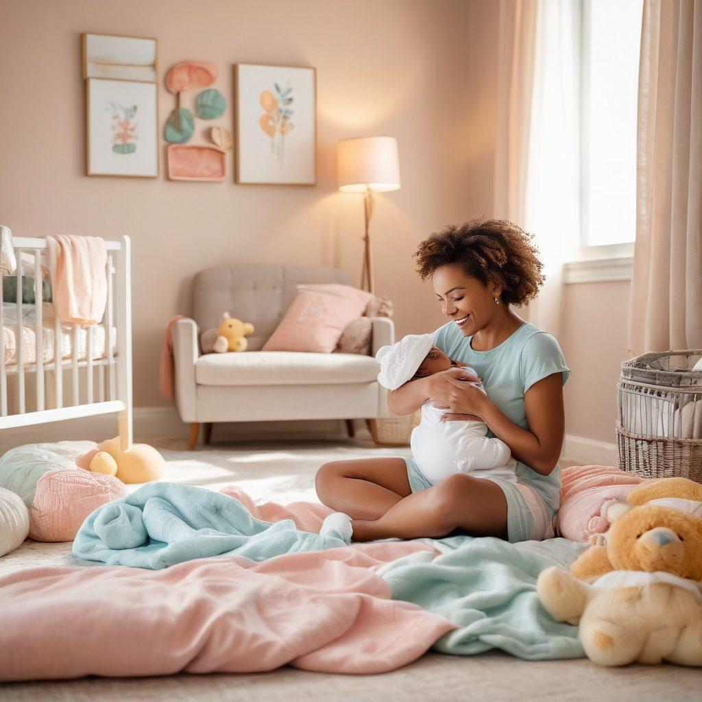 A cozy nursery scene featuring a happy baby surrounded by exclusive newborn products such as stylish diapers, vibrant toys, and soft blankets. Illuminate the space with warm lighting and playful pastel colors, showcasing a price tag on a special deal. In the background, a loving parent gently cradles the baby, emphasizing the bond of care and savings. Illustrate it with a touch of whimsy and charm. vibrant colors. soft-focus. painting.